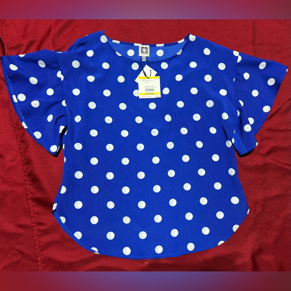 Anne Klein Royal Blue Blouse with White Dots - Picture 2 of 7